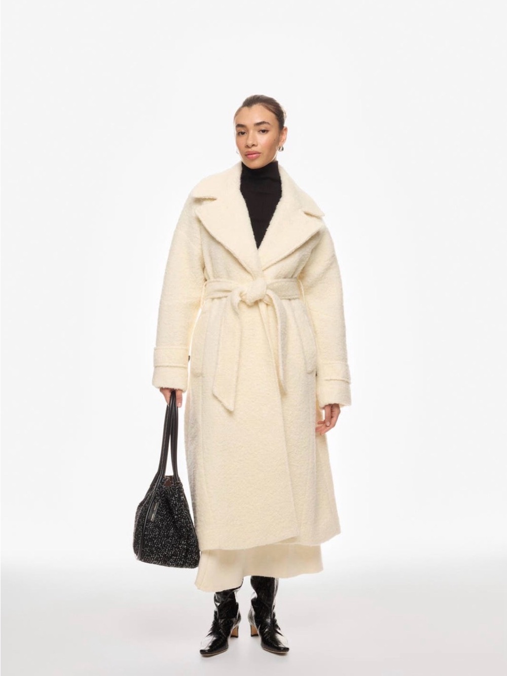 Long Cream Belted Trench Coat with Wide Lapel